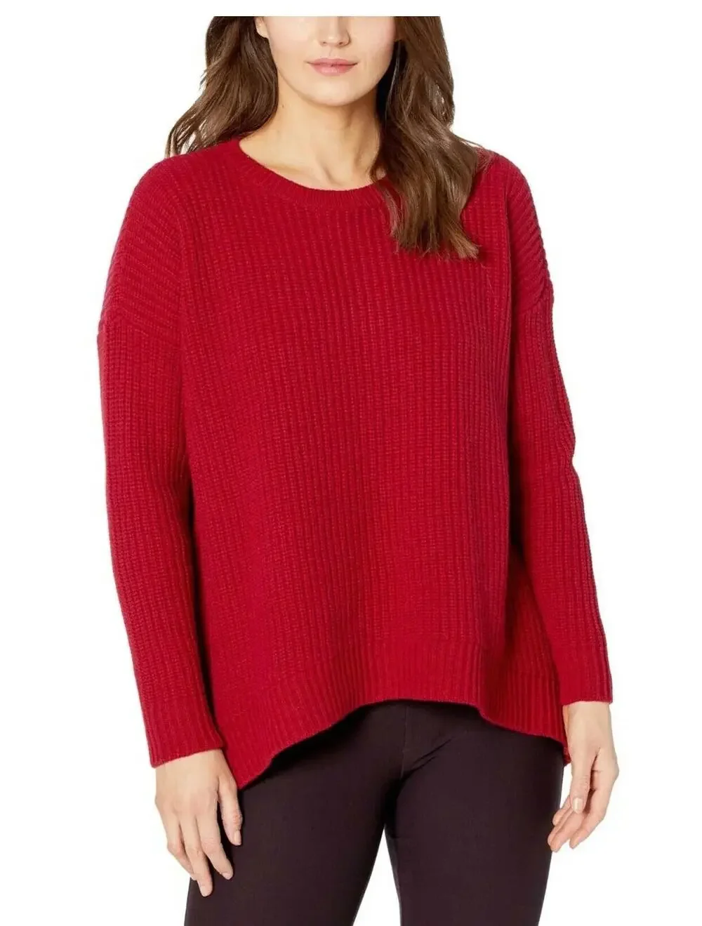 Eileen Fisher Cashmere/Wool Ribbed Textured Crew Neck Hi-Lo Sweater Red XS